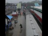 [Cliquez pour agrandir : 100 Kio] Delhi - Trains de voyageurs en gare de New Delhi, sous la pluie.