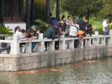 [Cliquez pour agrandir : 130 Kio] Suzhou - Panmen : touristes nourrissant les poissons dans un bassin.